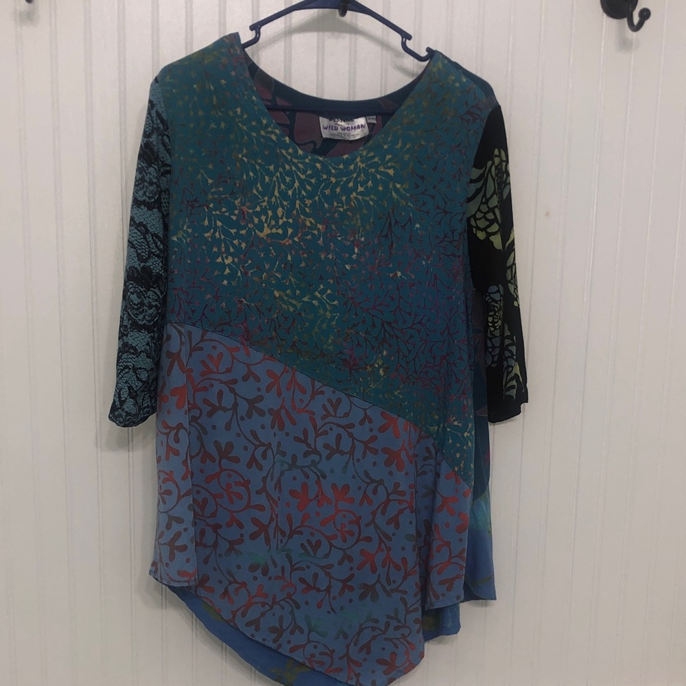 VintageWildThing of Chico,Ca WILD WOMAN Tunic TOP s/m Artsy Patchwork EUC
